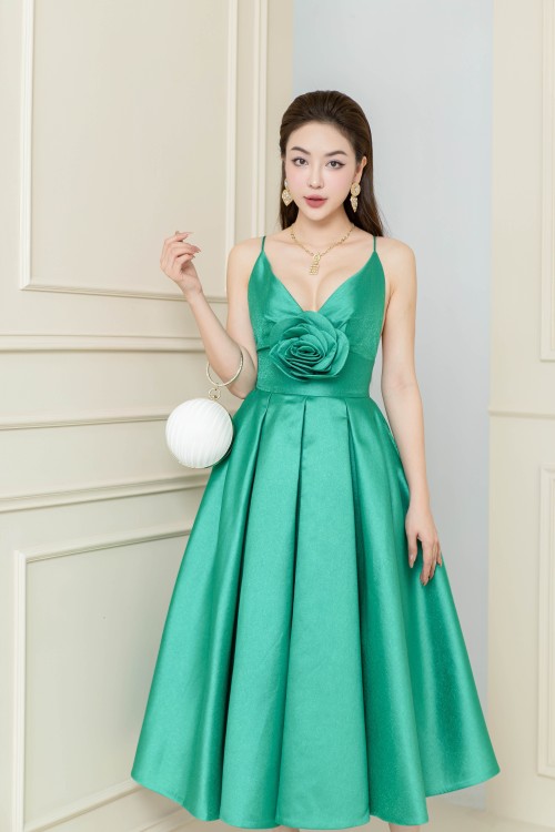 Sixdo Plunging Midi Taffeta Dress